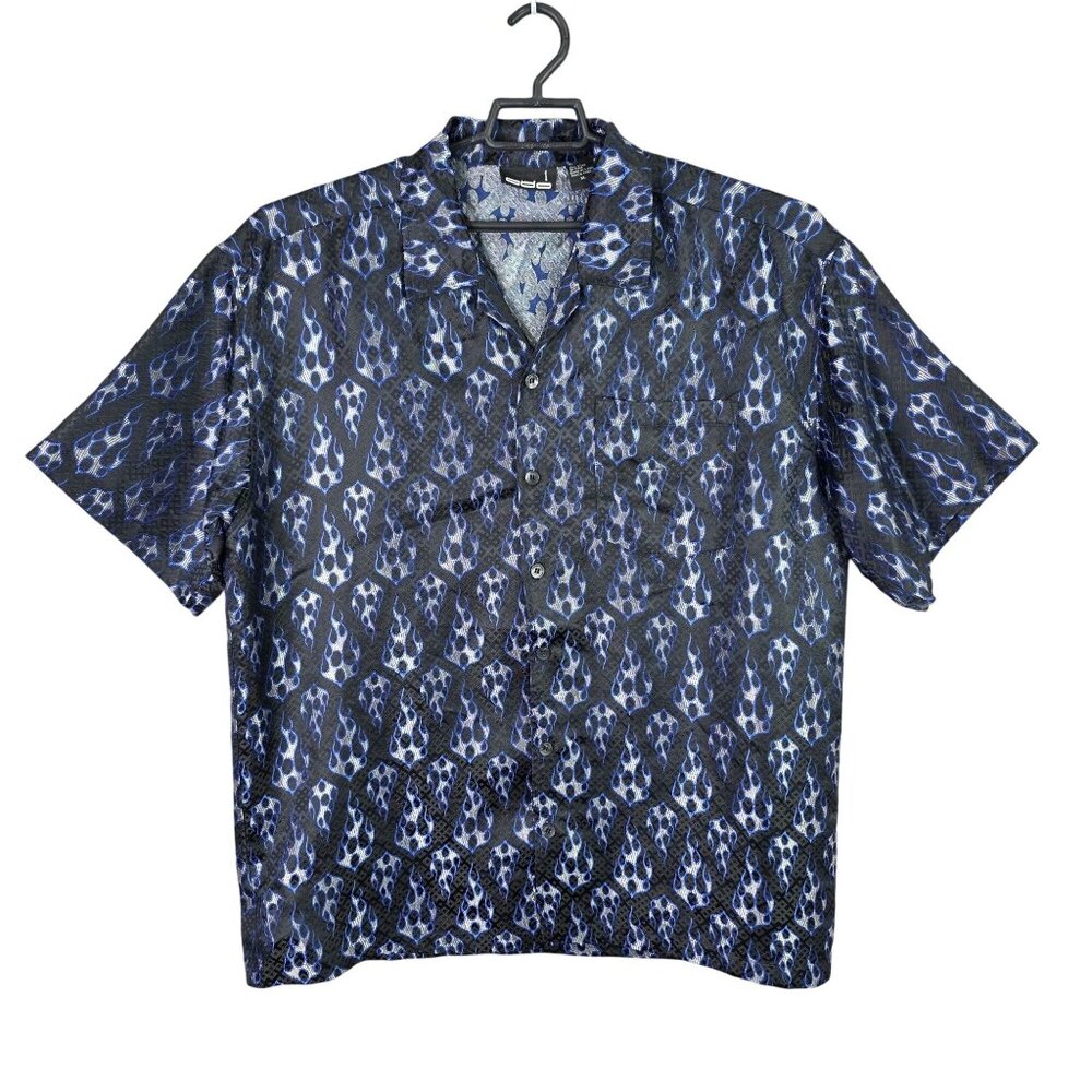 Mens Odo Blue & Black Flame Pattern Shirt Short-Sleeve Button Up Rayon Blend XL